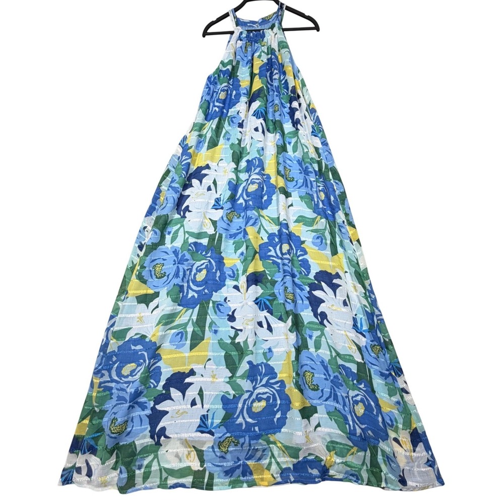LONDON Blue Floral Halter Maxi Dress Subtle Summer Boho Whimsy Stripe Size 4 S
